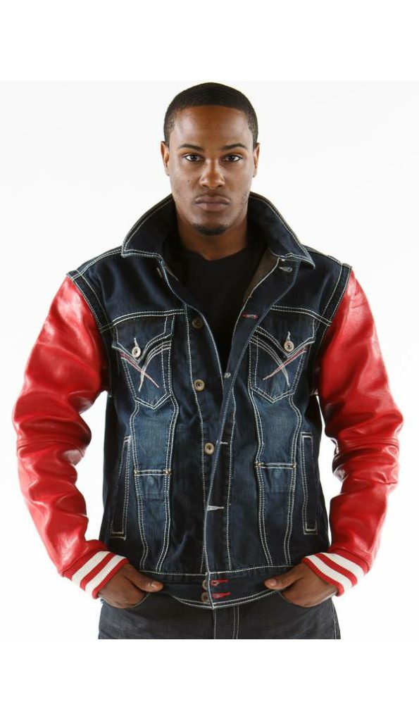 Exclusive Pelle Pelle Black Jeans Jacket With Red Leather Sleeves