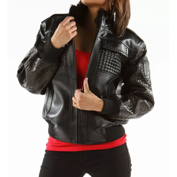 Black Pelle Pelle Bomber Fur Studded Jacket