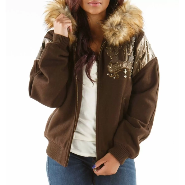 Brown Fur Hood Pelle Pelle Wool Jacket