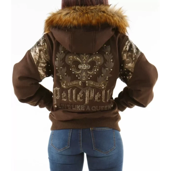 Brown Fur Hood Pelle Pelle Wool Jacket