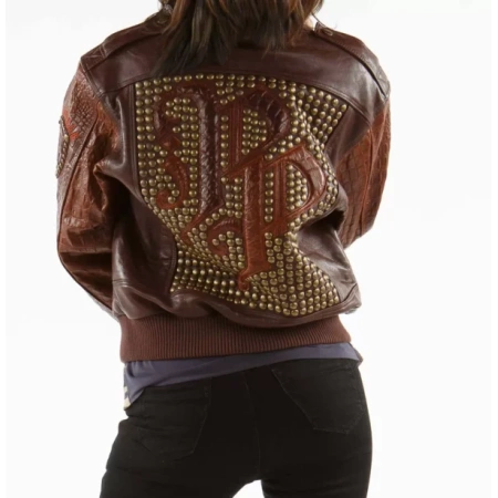 Brown Pelle Pelle Bomber Fur Studded Jacket