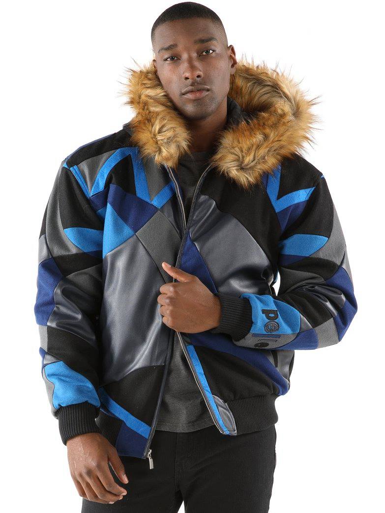 Pelle Pelle Blue Abstract Wool Zipper Jacket, Leather Jacket With Fur