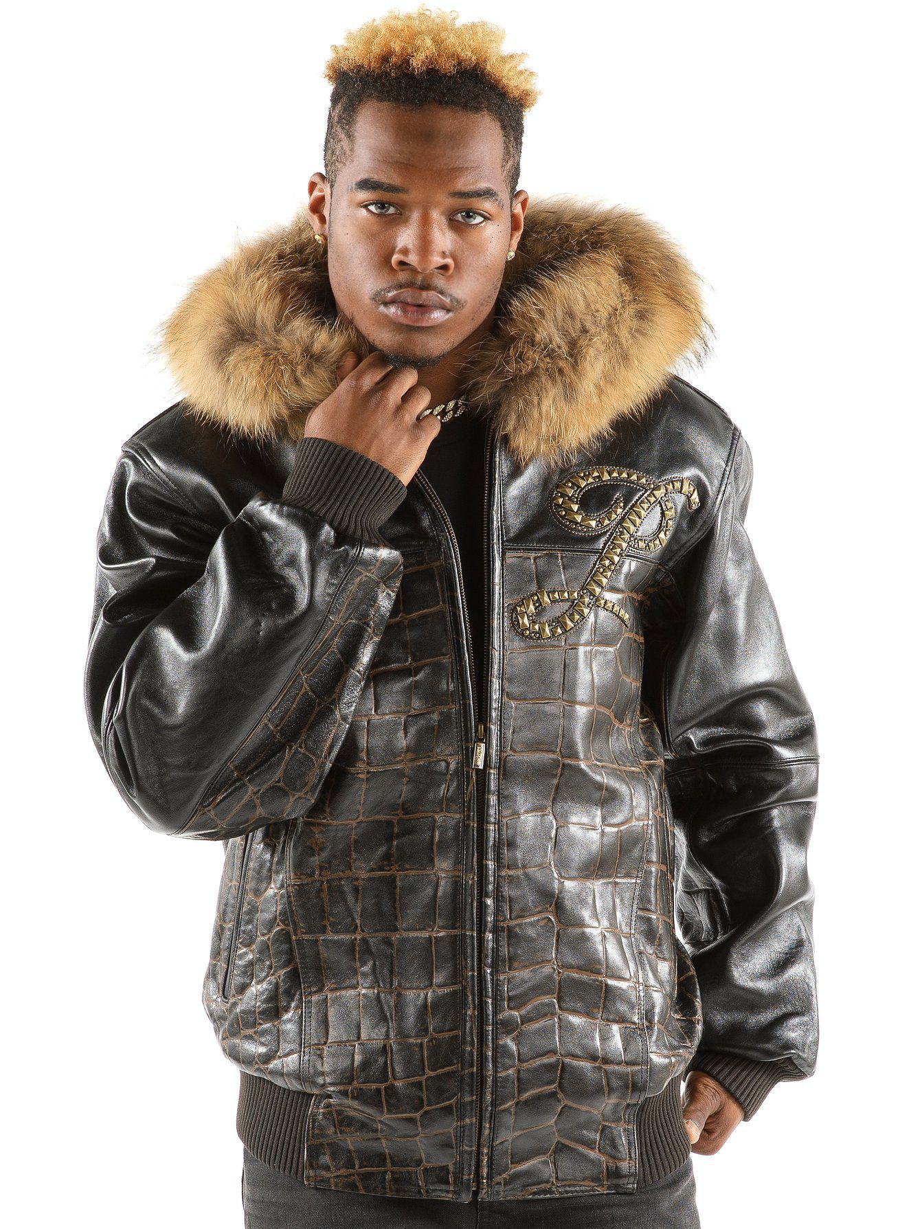 Black Pelle Pelle Crocodile Fur Hood Jacket