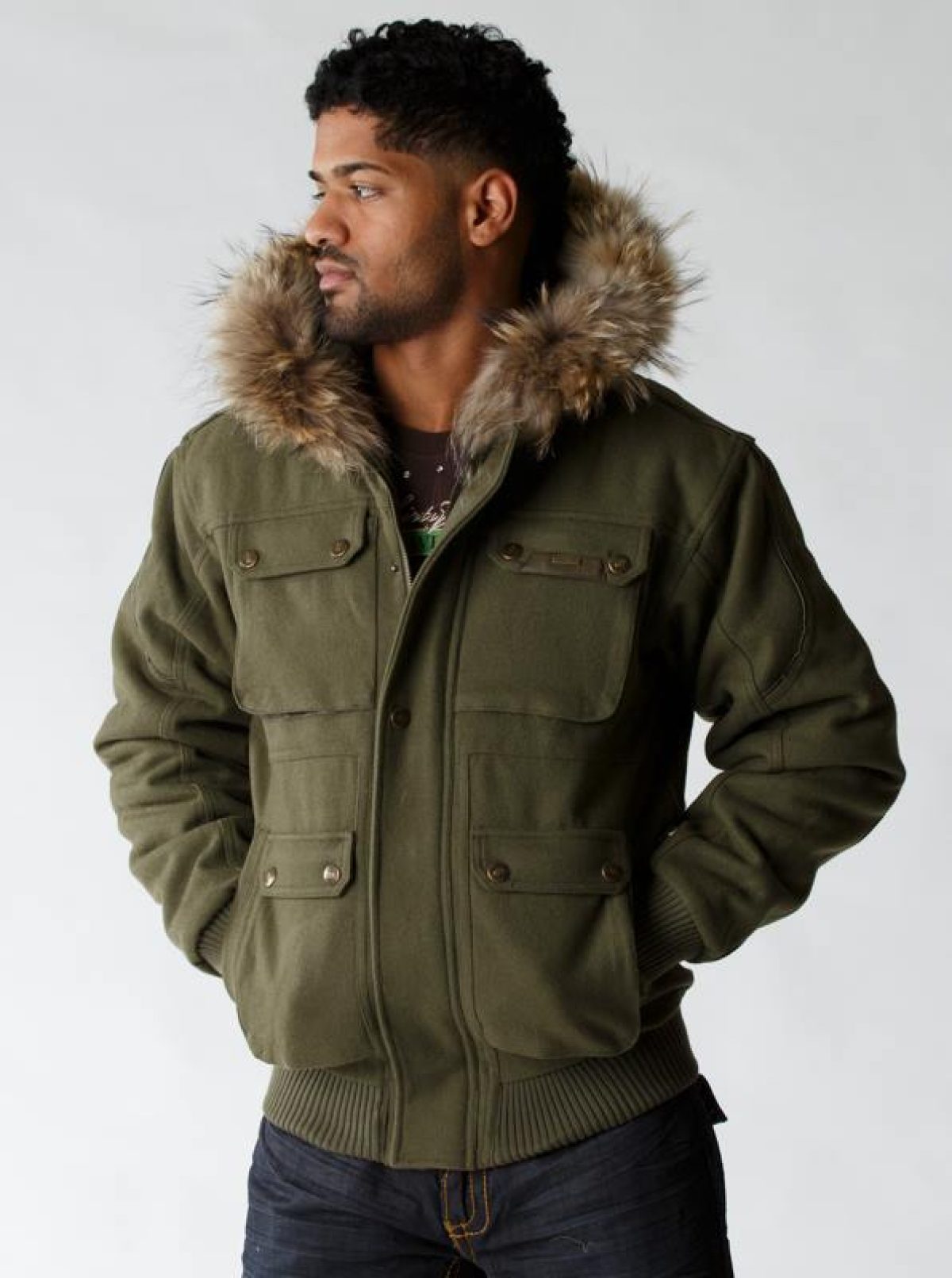 Mens green jacket with fur hood best sale