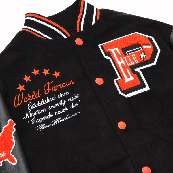 World Famous Pelle Pelle Orange Black Varsity Jacket view 2