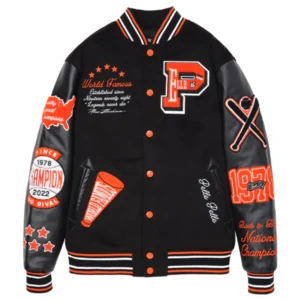 World Famous Pelle Pelle Orange Black Varsity Jacket