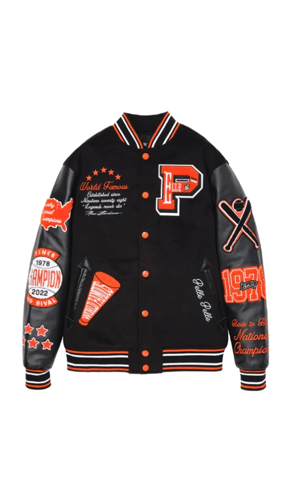 World Famous Pelle Pelle Orange Black Varsity Jacket