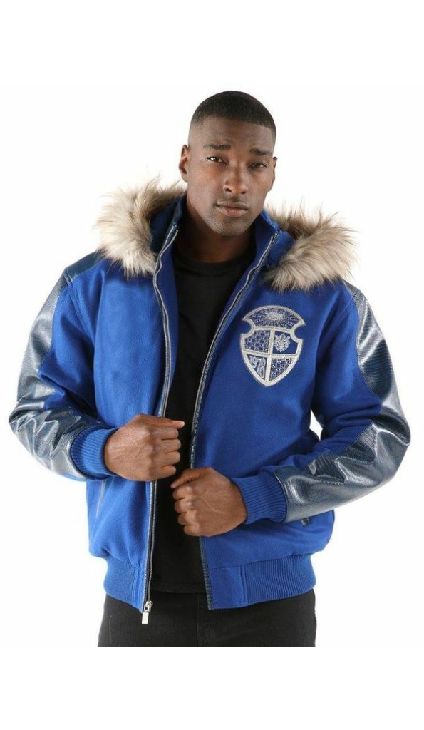 Pelle Pelle Men Blue Fur Hood Leather Jacket