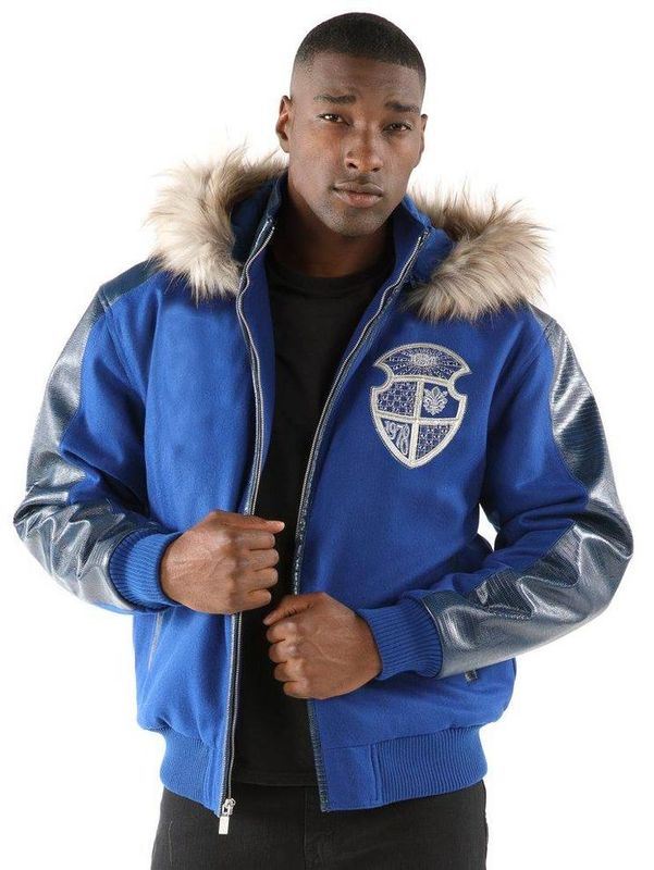 Pelle Pelle Men Blue Fur Hood Leather Jacket