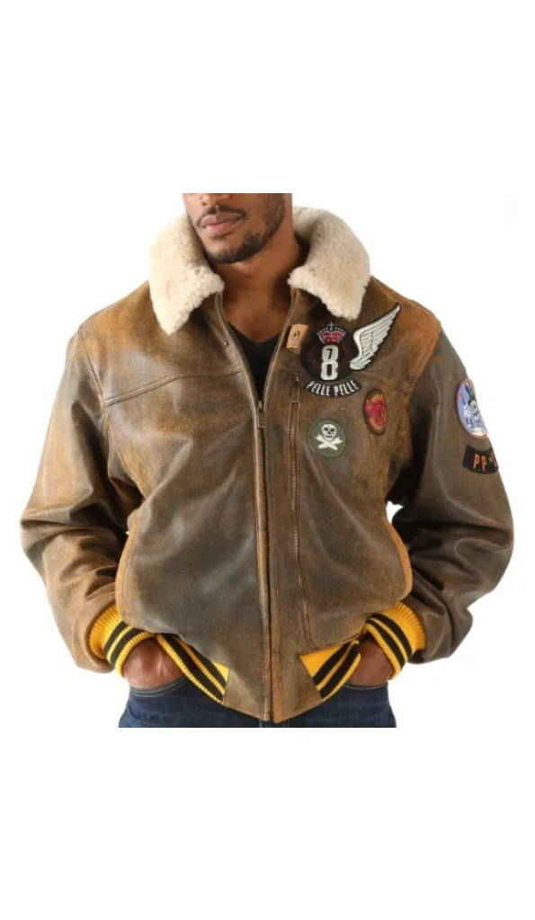 Pelle Pelle Brown Fur Collar Patches Jacket | Leather Jacket