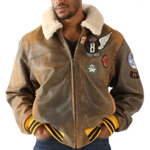 Pelle Pelle Brown Fur Collar Patches Jacket | Leather Jacket