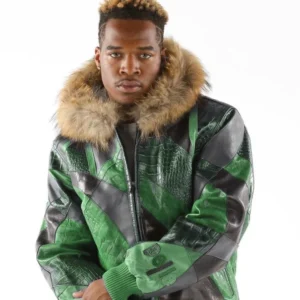 Pelle Pelle Green Fur Hood Leather Jacket | Abstract Pattern view 2