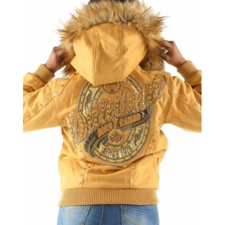 Women Born And Raised Yellow Fur Hood Jacket