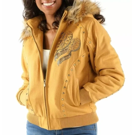 Women Born And Raised Yellow Fur Hood Jacket