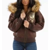 Women Brown Fur Hood MB Wool Jacket