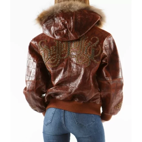 Dark Brown Women Fur Hooded Leather Jacket