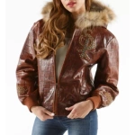 Dark Brown Women Fur Hooded Leather Jacket