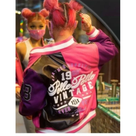 Women Black Pink Wool Varsity Zipper Jacket