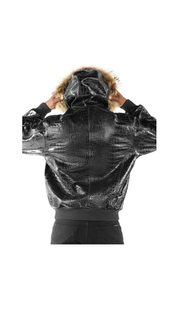 Pelle Pelle Crocodile Leather Men Black Jacket | Fur Hood