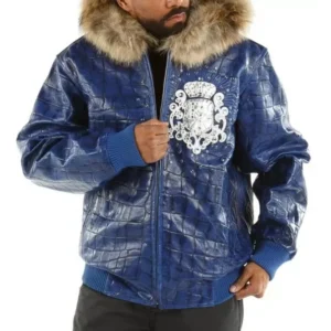 Pelle Pelle Men Crest Fur Hood Blue Jacket | Leather Jacket