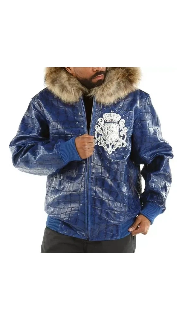 Pelle Pelle Men Crest Fur Hood Blue Jacket | Leather Jacket