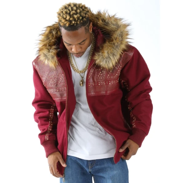 Pelle Pelle Maroon Wool Fur Hood Stud Jacket