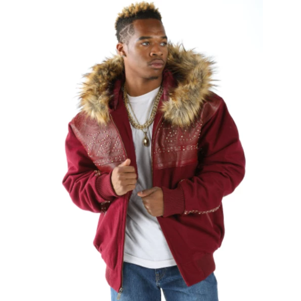 Pelle Pelle Maroon Wool Fur Hood Stud Jacket | Men Jacket