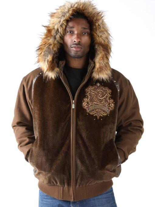 Pelle Pelle Brown Crest Fur Hood Wool Jacket