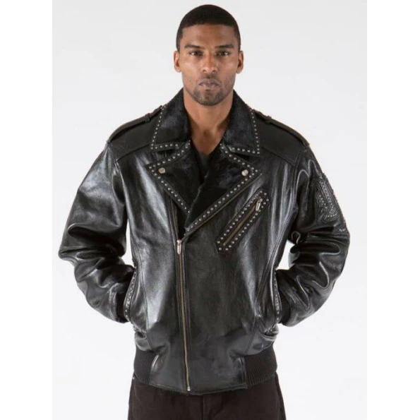 Pelle Pelle Biker Black Leather Fur Jacket | Men Jacket view 2