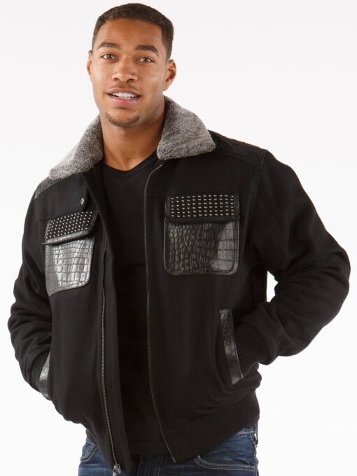 Stud Gator Black Fur Collar Jacket