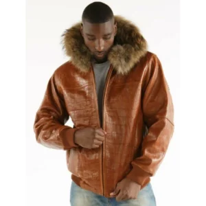 Pelle Pelle Men Croc Leather Fur Hood Jacket | Brown Jacket