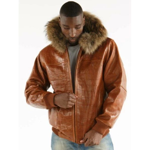 Pelle Pelle Men Croc Leather Fur Hood Jacket | Brown Jacket