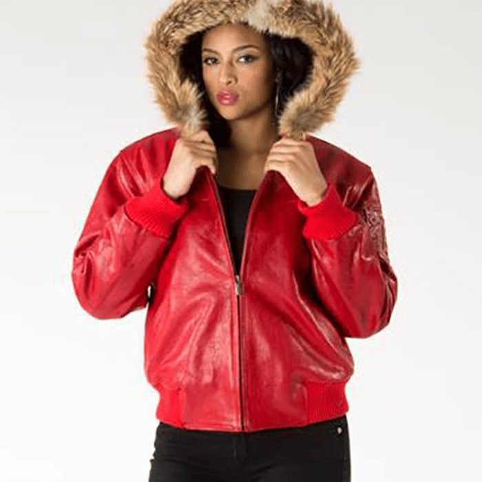 Pelle Pelle Red Leather Crest Fur Hood Jacket | Women Jacket