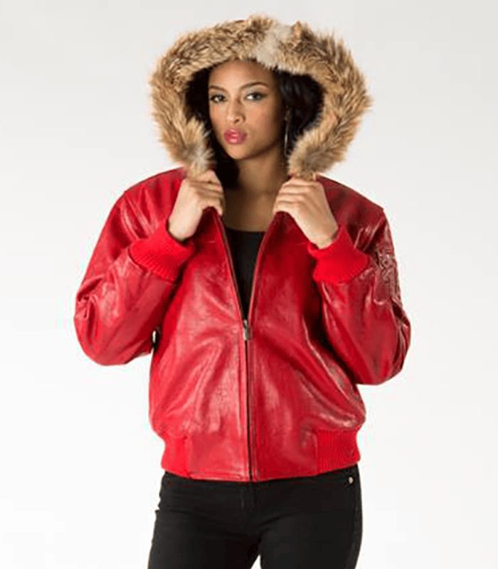 Pelle Pelle Red Leather Crest Fur Hood Jacket