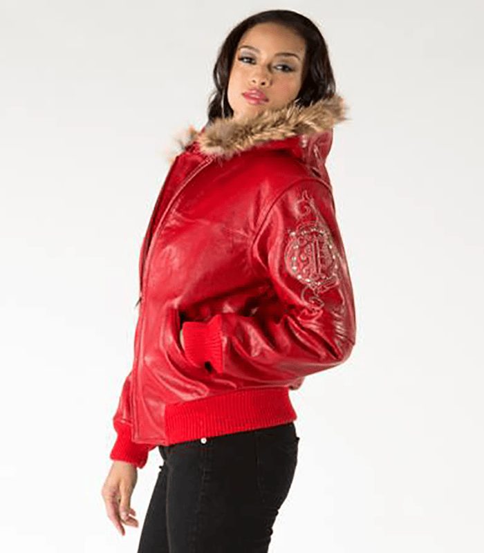 Pelle Pelle Red Leather Crest Fur Hood Jacket