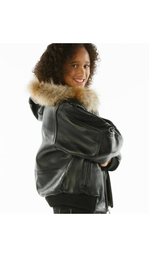 Pelle Pelle Kids Black Basic Leather Jacket | Fur Hood