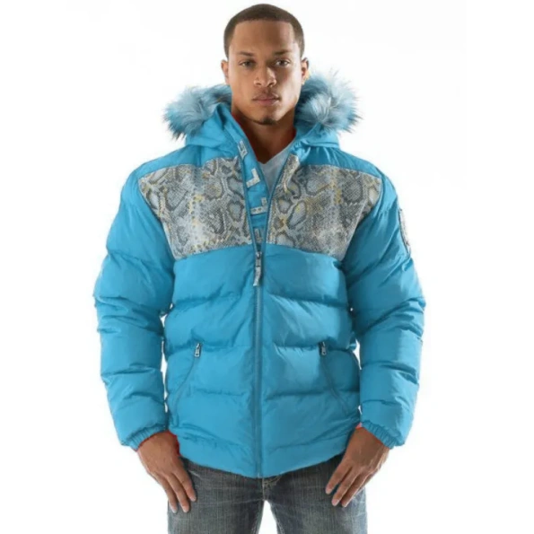 Pelle Pelle Snakeskin Fur Hood Blue Jacket