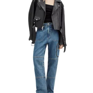 Black Biker Cropped Leather Jacket | Leather Jacket view 2