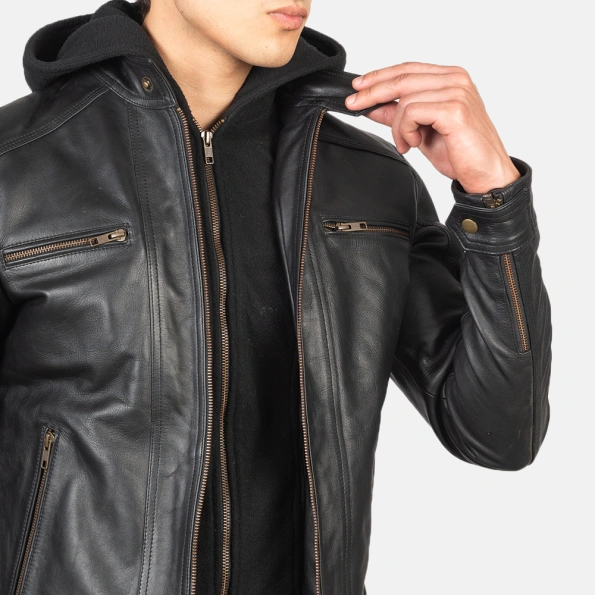 Black Removable Hood Motorcycle Leather Jacket