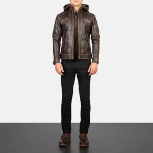 Vintage Brown Hooded Leather Biker Jacket