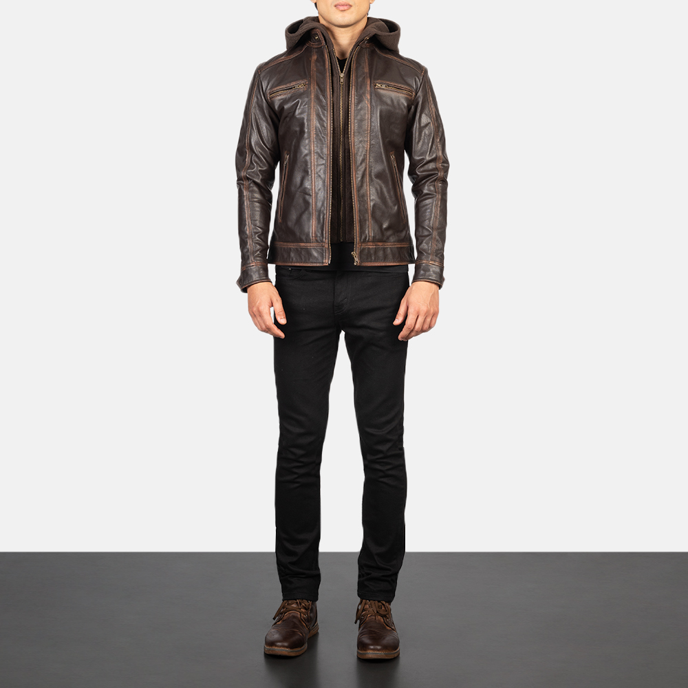 Vintage Brown Hooded Leather Biker Jacket