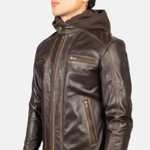 Vintage Brown Hooded Leather Biker Jacket view 3