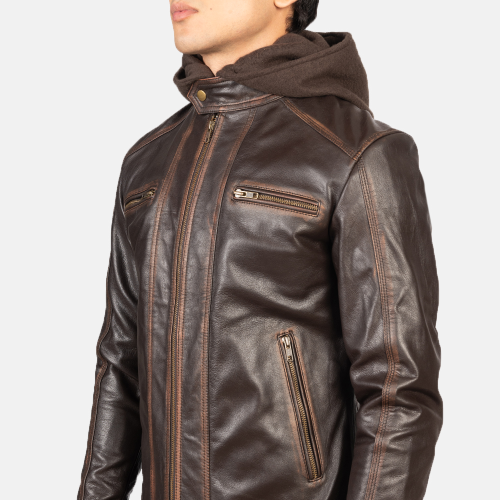 Vintage Brown Hooded Leather Biker Jacket view 3