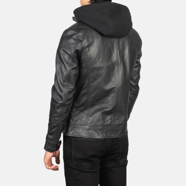 Black Removable Hood Motorcycle Leather Jacket