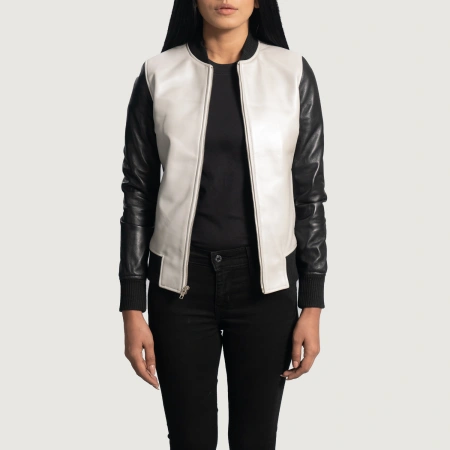 Black And White Leather Flight Jacket Women, Black and White Jacket, Flight Jacket, Flight Jacket Women, Leatgher Jacket