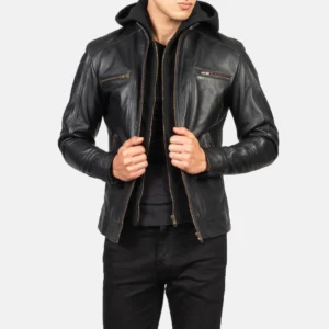 Black Removable Hood Motorcycle Leather Jacket view 1