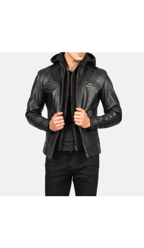 Black Removable Hood Motorcycle Leather Jacket