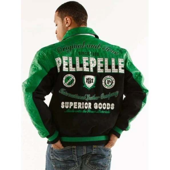 Pelle Pelle Green Black Varsity Jacket | Wool Leather Jacket