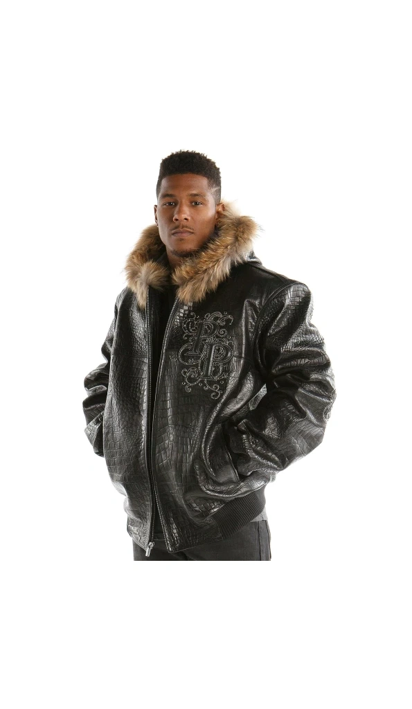 Pelle Pelle Men Black MB Croc Leather Jacket | Fur Hood