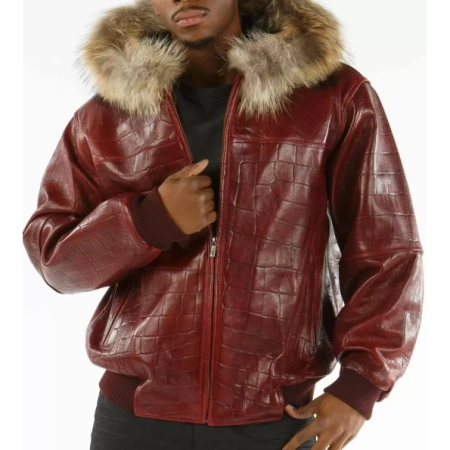 Pelle Pelle Red Fur Hood Croc Leather Jacket